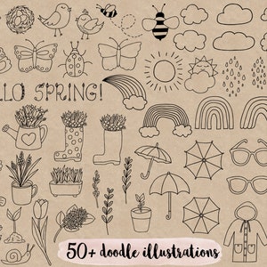 Puede incluir: Ilustraciones de garabatos en blanco y negro de objetos con tem&aacute;tica primaveral, incluyendo mariposas, arco&iacute;ris, nubes de lluvia, paraguas, flores y botas. El texto "HELLO SPRING!" est&aacute; incluido en la imagen.