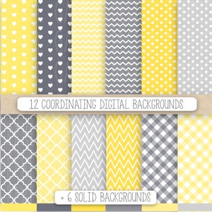 May include: Twelve digital background patterns in yellow and gray. The patterns include polka dots, hearts, chevron, gingham, and quatrefoil. The text "12 Coordinating Digital Backgrounds" and "6 Solid Backgrounds" is included in the image.