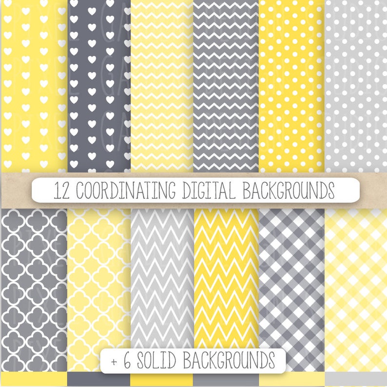 May include: Twelve digital background patterns in yellow and gray. The patterns include polka dots, hearts, chevron, gingham, and quatrefoil. The text "12 Coordinating Digital Backgrounds" and "6 Solid Backgrounds" is included in the image.