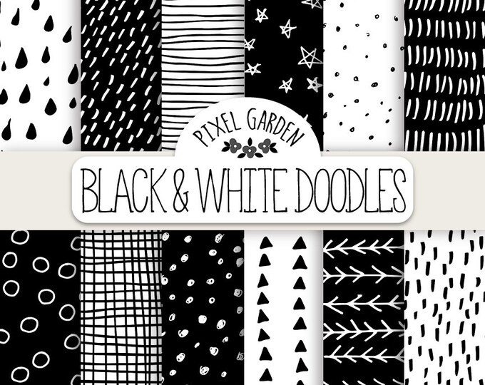 Hand Drawn Doodle Digital Paper. Black & White Geometric Doodle ...