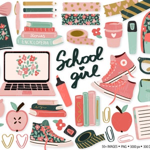 Clipart di una scolaretta. Clipart di ritorno a scuola disegnato a mano. Clipart carino per ufficio, insegnante e studente. Cancelleria, zaino, laptop, quaderno, washi.