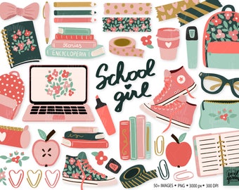 School Girl Clipart. Hand Drawn Back To School Clipart. Cute Office, Teacher, Student Clipart. Stationery, Backpack, Laptop, Notebook, Washi