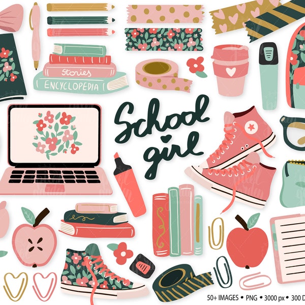 School Girl Clipart. Hand Drawn Back To School Clipart. Cute Office, Teacher, Student Clipart. Stationery, Backpack, Laptop, Notebook, Washi