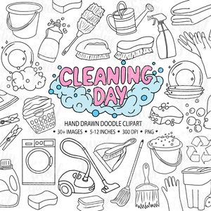 Clipart de corvées dessinées à la main. Autocollants noirs et blancs de l'agenda pour les tâches ménagères pour enfants. Illustrations roses et bleues du jour de lessive. Clipart ménage de printemps.