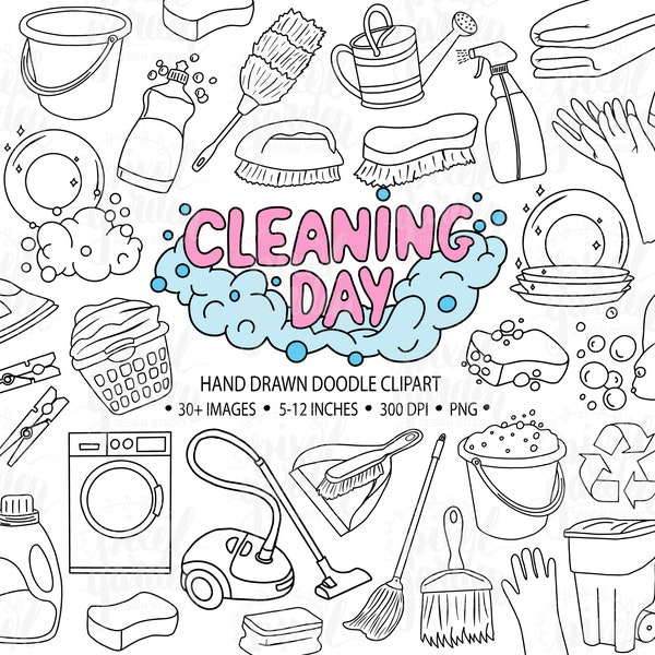 Hand Drawn Chores Clip Art. Black, White Doodle Kids Chores Planner Stickers. Pink, Blue Laundry Day Illustrations. Spring Cleaning Clipart.