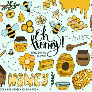Bijen clipart. Handgetekende honing, bijenkorf illustraties. Doodle bloemen zomer clipart. Honingraat, honingdruppels, imkerillustraties voor stickers