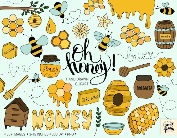 Bee Clipart. Hand Drawn Honey, Hive Clip Art. Doodle Floral Summer Clipart.  Honeycomb, Honey Drip, Beekeeper Illustrations for Stickers 