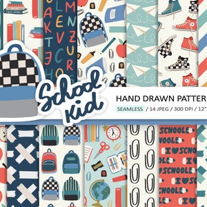 Schule Junge Digitales Papier. Briefpapier, Rucksack, Buch, Notizbuch, Washi Tape, Sneaker Pattern. Lehrer, Schüler Jungen Back To School Hintergrund