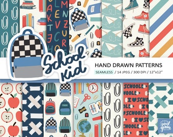 May include: A set of 14 digital paper patterns featuring school-themed illustrations. The patterns include backpacks, pencils, paper airplanes, apples, and more. The patterns are in a variety of colors, including red, blue, green, yellow, and black. The patterns are seamless and can be used for a variety of projects, such as scrapbooking, card making, and digital design.