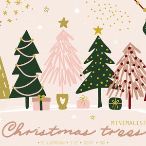 Weihnachtsbaum Clipart. Handgezeichnete minimalistische Illustrationen. Winter Tannenbaum Doodles. Tannenbaum Geschenkanhänger in Gold, Pink, Silber.