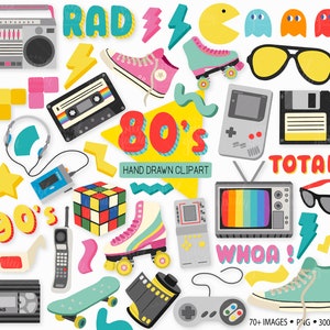 Clipart anni '80. Clipart disegnate a mano con nostalgia anni '80 e '90. Pattini a rotelle, stereo portatili, console per videogiochi, videocassette, illustrazioni TV degli anni '80 e '90.