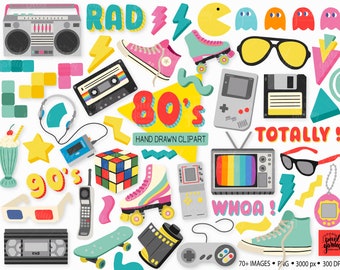 80s Clipart. Hand Drawn Eighties, Nineties Nostalgia Clip Art. 80s, 90s Roller Skate, Boombox, Game Console, VHS Casette, TV Illustration
