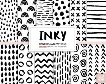 Hand Drawn Abstract Patterns. Scandinavian Ink Brush Digital Paper. Brushed Doodle Backgrounds. Black and White Minimalist Seamless Patterns