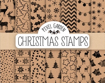 Kraft Christmas Digital Paper. Watercolor Christmas Stamp Pattern Background. Black, Rustic Reindeer, Snowflake, String Light Digital Paper