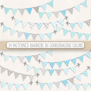 Op de afbeelding: Veertien patronenbanners in bijpassende kleuren, met verschillende ontwerpen in blauw- en grijstinten. Elke banner is voorzien van een delicate strik. De tekst "14 patterned banners in coordinating colors" is weergegeven.