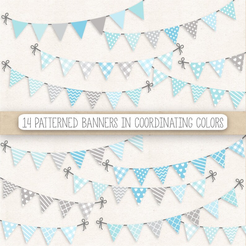 Op de afbeelding: Veertien patronenbanners in bijpassende kleuren, met verschillende ontwerpen in blauw- en grijstinten. Elke banner is voorzien van een delicate strik. De tekst "14 patterned banners in coordinating colors" is weergegeven.