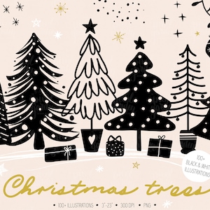 Clipart noir et blanc de sapin de Noël. Griffonnages minimalistes dessinés à la main. Illustrations de Scandinavie d'hiver. Cartes et étiquettes-cadeaux pour sapin de Noël scandinave