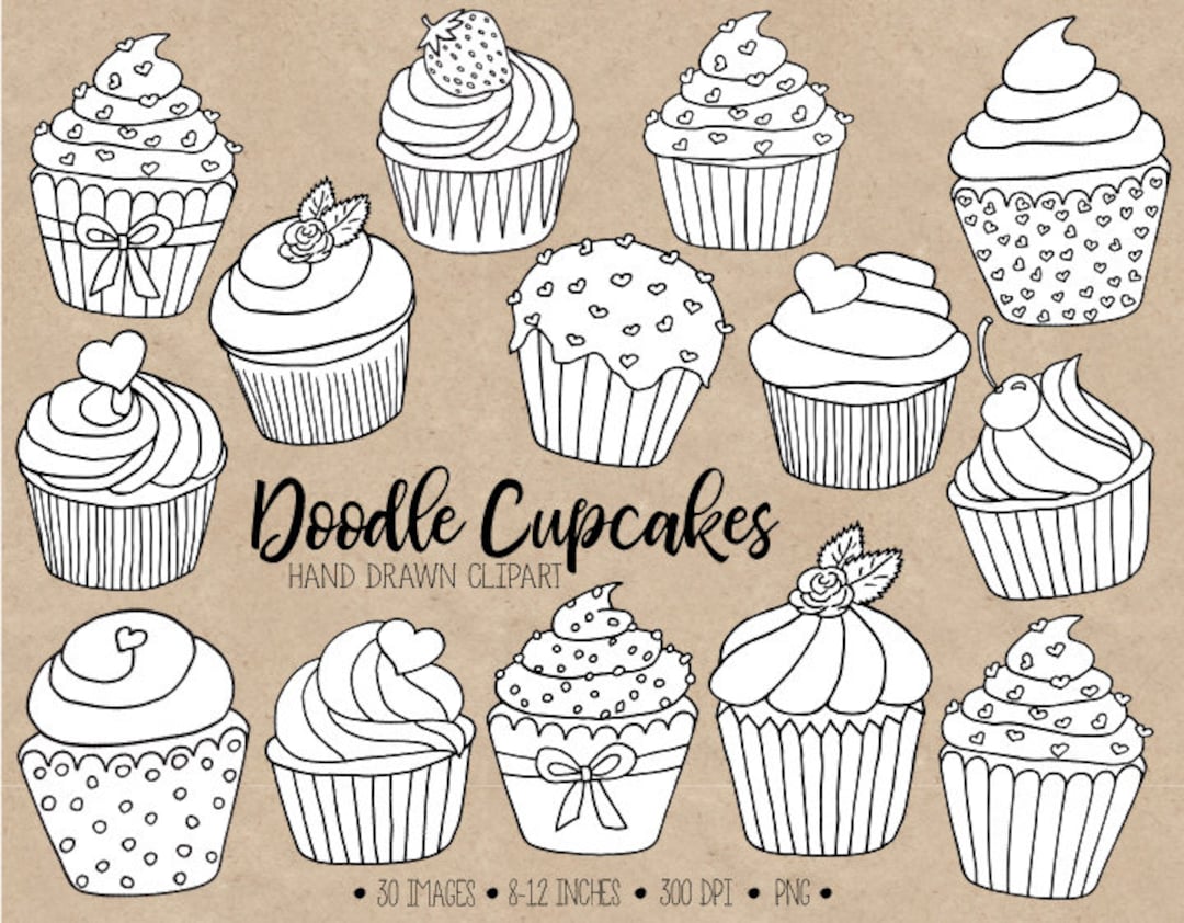 Doodle Cupcake Clipart. Hand Drawn Black & White Cupcake Outlines