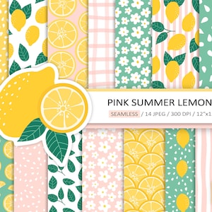 Summer Lemon Digital Paper. Seamless Lemon Pattern. Lemon and Leaves Printable Paper. Yellow, Pink, Green Summer, Gingham Scrapbooking Paper