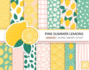 Summer Lemon Digital Paper. Seamless Lemon Pattern. Lemon and Leaves Printable Paper. Yellow, Pink, Green Summer, Gingham Scrapbooking Paper