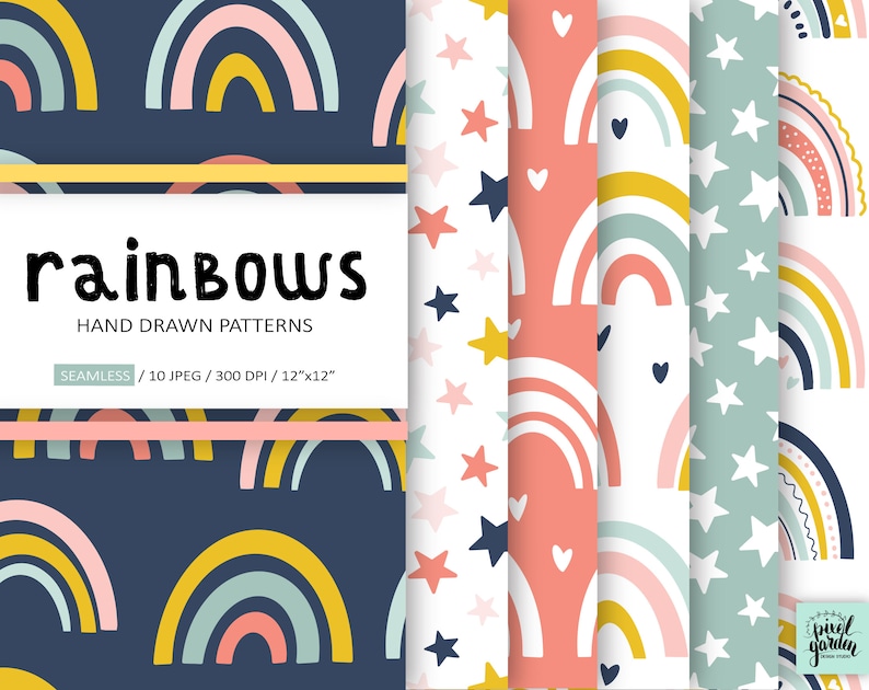 Puede incluir: Un conjunto de 10 patrones digitales sin costuras que presentan arco&iacute;ris, estrellas y corazones. Los patrones est&aacute;n en una variedad de colores, incluyendo rosa, azul, amarillo y verde. Los patrones son perfectos para usar en scrapbooking, creaci&oacute;n de tarjetas y otros proyectos de manualidades.