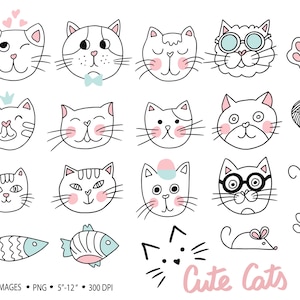 Clipart chats mignons. Illustrations de chat doodle dessinés par Han. Visages de chat noir et blanc. Animaux de compagnie, pattes de chat, cliparts de chatons pour les autocollants de planificateur.
