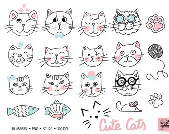 Clipart de gatos lindos. Ilustraciones de gatos garabatos dibujadas por Han. Caras de gato blanco y negro. Mascotas, Patas de Gato, Gatitos Clipart para Pegatinas de Planificador.