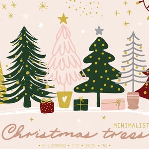 Clipart de árvore de Natal desenhado à mão. Ilustrações minimalistas de inverno. Rabiscos de árvore de abeto. Etiquetas de presente de árvore de Natal, cartões em dourado, rosa, prata.