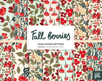 Fall Berries Digital Paper. Hand Drawn Seamless Berry Pattern. Rowan Berry, Leaves, Foliage Autumn Pattern. Floral Fall Scrapbook Background