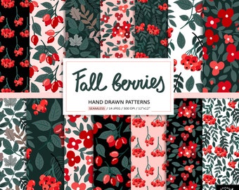 Fall Berries Digital Paper. Seamless Berry Pattern. Berries Leaves Printable Paper. Forest Green Floral Scrapbooking Paper. Autumn Patterns.