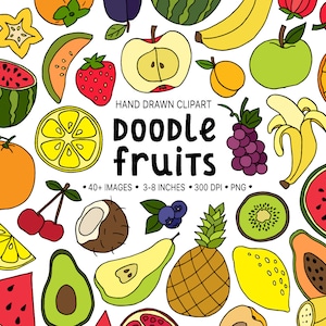Doodle Fruits Clipart. Hand Drawn Watermelon, Lemon, Apple Clip Art. Tropical Fruits, Summer Berries Clipart. Planner Sticker Illustrations.