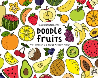 Doodle Fruits Clipart. Hand Drawn Watermelon, Lemon, Apple Clip Art. Tropical Fruits, Summer Berries Clipart. Planner Sticker Illustrations.