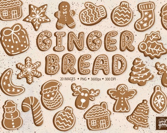 Clipart de Galletas de Navidad. Ilustraciones de pan de jengibre dibujadas a mano. Golosinas de invierno, hombres de jengibre, árbol de Navidad, imágenes prediseñadas de galletas de reno.