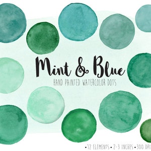 Imágenes Prediseñadas de puntos de acuarela. Círculos de acuarela de menta pintados a mano, imágenes prediseñadas de manchas. Marcos de álbumes de recortes y bocadillos de color menta, verde, verde azulado y azul