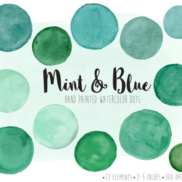 Watercolor Dots Clipart. Hand Painted Mint Watercolor Circles, Splotches Clip Art. Mint, Green, Teal, Blue Scrapbook Frames & Speech Bubbles