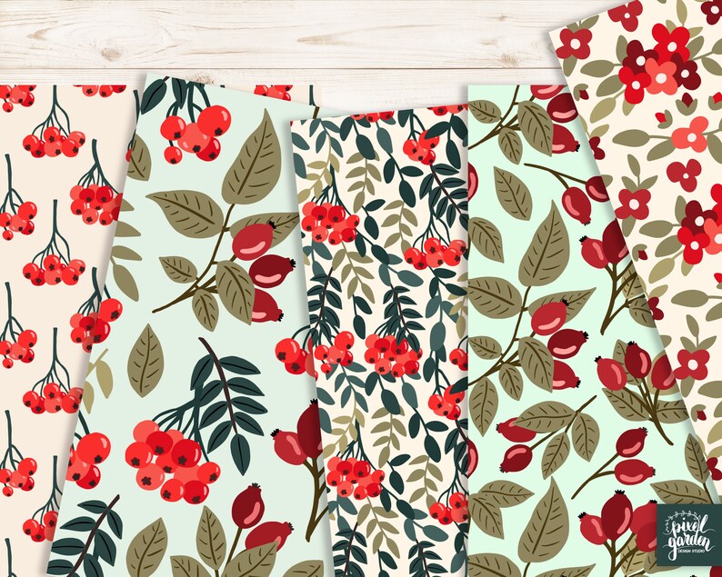 Fall Berries Digital Paper. Hand Drawn Seamless Berry Pattern. Rowan ...