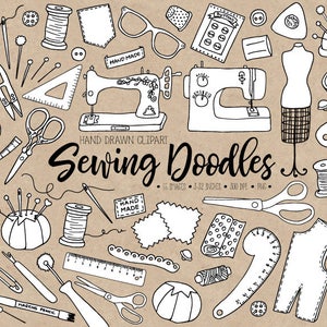 Hand Drawn Sewing Clipart. Doodle Dressmaking Clip Art. Tailor's, Crafts, Thread, Mannequin, Needle, Sewing Machine, Bobbins Illustrations