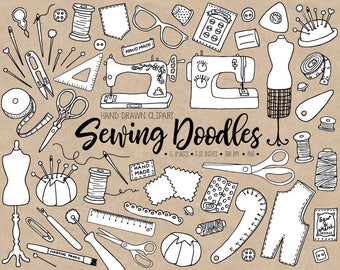 Hand Drawn Sewing Clipart. Doodle Dressmaking Clip Art. Tailor's, Crafts, Thread, Mannequin, Needle, Sewing Machine, Bobbins Illustrations