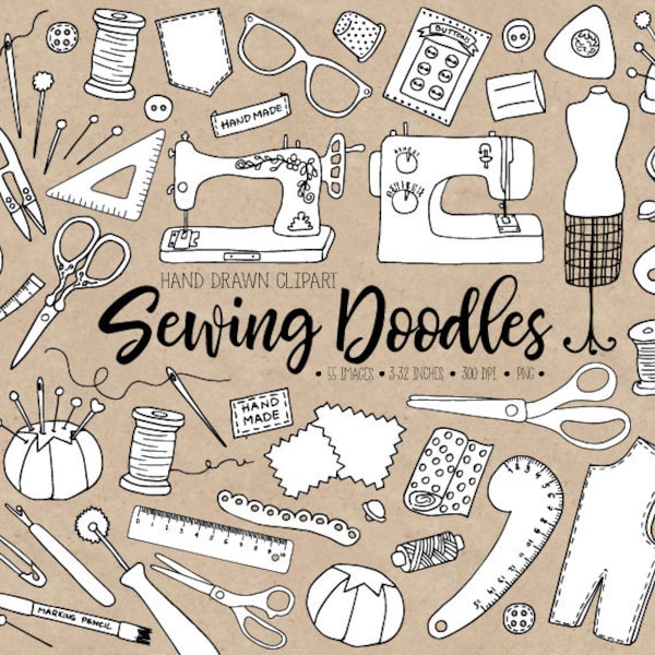 Hand Drawn Sewing Clipart. Doodle Dressmaking Clip Art. Tailor's, Crafts, Thread, Mannequin, Needle, Sewing Machine, Bobbins Illustrations