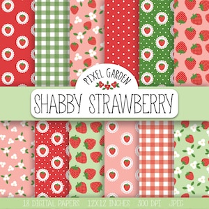 Papier numérique minable aux fraises. Papier de scrapbooking Cottage Chic. Motif floral de fleurs de fraisiers. Fond d'été en menthe, rose, rouge.