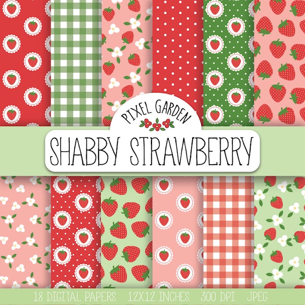 Shabby Strawberry Digital Paper. Cottage Chic Scrapbooking Paper. Floral Strawberry Blossom Pattern. Summer Background in Mint, Pink, Red.