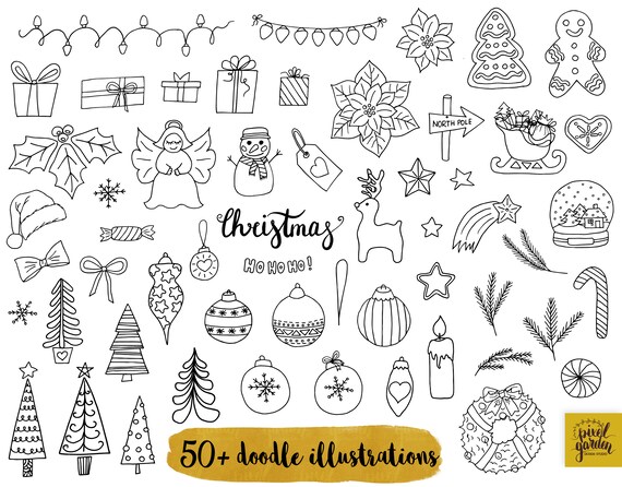 Doodle Kerst Clipart Zwart Wit Winter Kerstboom Etsy Belgie