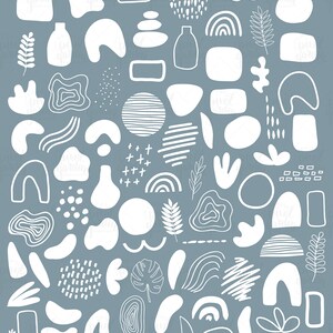May include: A set of 80+ hand-drawn white elements on a light blue background. The elements include abstract shapes, lines, dots, leaves, and other organic forms.