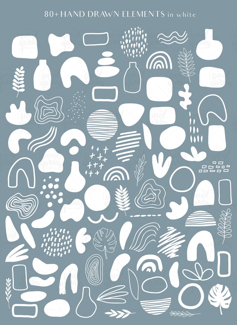 May include: A set of 80+ hand-drawn white elements on a light blue background. The elements include abstract shapes, lines, dots, leaves, and other organic forms.
