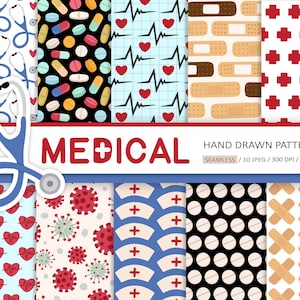 Peut inclure: Un ensemble de 10 motifs de papier numérique illustrant des thèmes médicaux et de santé. Les motifs comprennent des cœurs rouges, des stéthoscopes, des pilules, des bandages, des croix et des virus. Les motifs sont sans couture et peuvent être utilisés pour le scrapbooking, la fabrication de cartes et d'autres projets d'artisanat.