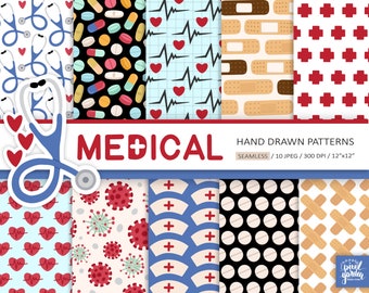 Medical Digital Paper. Nurse, Doctor Pattern. Hospital, Pills, Virus Digital Background. Stethoscope, Medicine, Healthcare Seamless Graphics