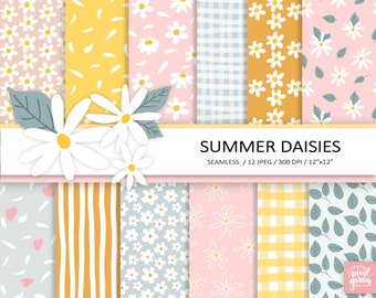 Summer Daisies Digital Paper. Seamless Daisy Pattern. Daisy, Flower, Floral Printable Paper. Yellow, Pink Summer, Gingham Scrapbook Paper