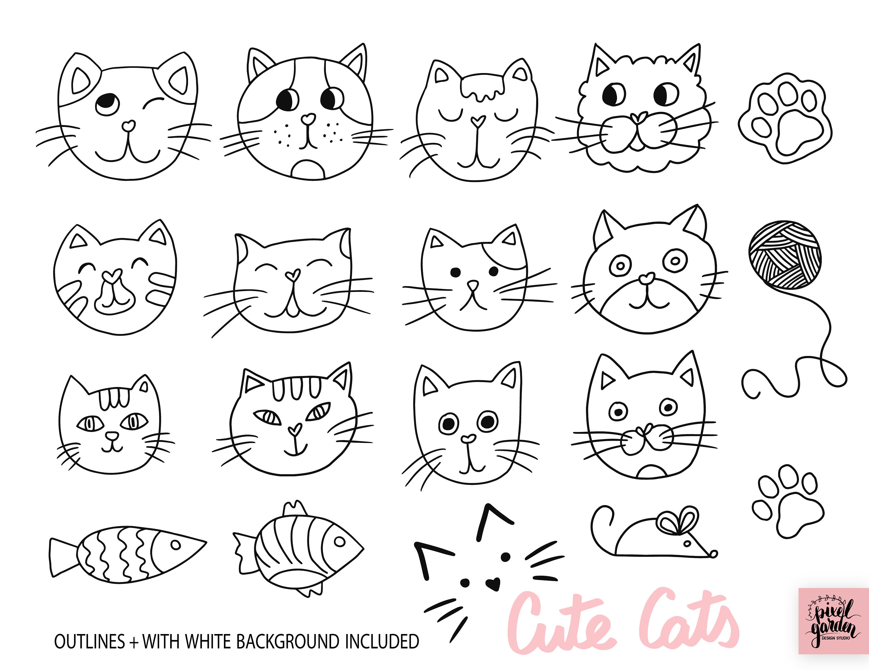 Cute Cats Clip Art. Han Drawn Doodle Cat Illustrations. Black and White ...
