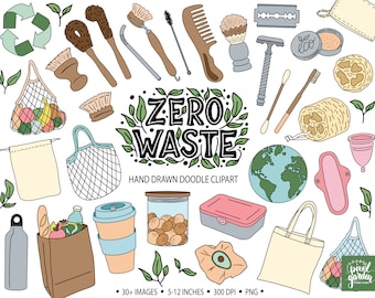 Zero Waste Clip Art. Hand Drawn Eco Friendly Clipart. Doodle Green Lifestyle, Sustainable Living Illustration. Recycling, No Plastic Clipart