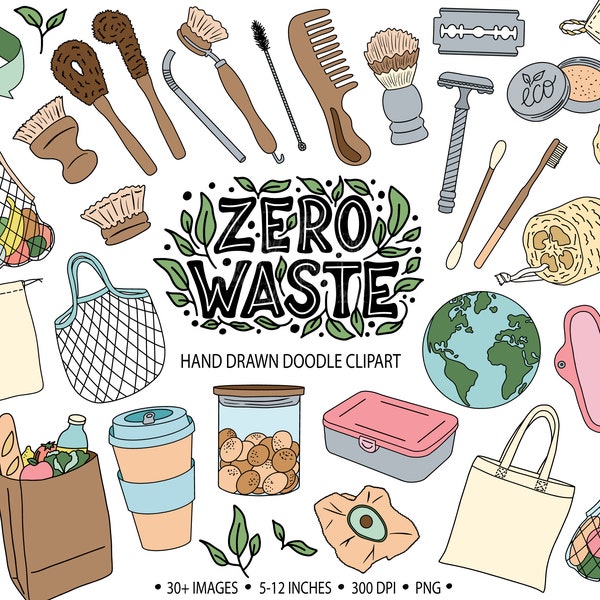 Zéro déchet Clip Art. Clipart respectueux de l'environnement dessiné à la main. Doodle style de vie vert, illustration de mode de vie durable. Recyclage, clipart sans plastique